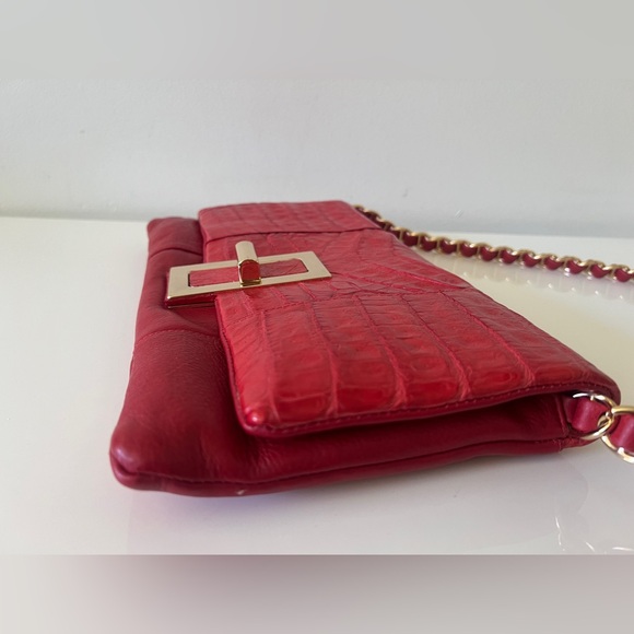 New PAOLA DANGOND Genuine Crocodile Chain Strap Shoulder Bag Handbag, Red - Picture 7 of 10